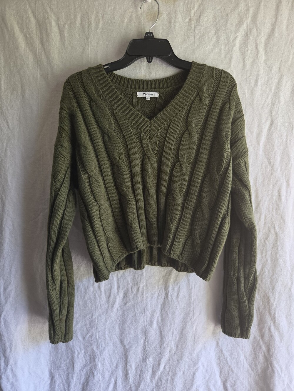 Madewell Womens Sweater Cableknit Cropped Cotton Blend Size Small V Neck Green